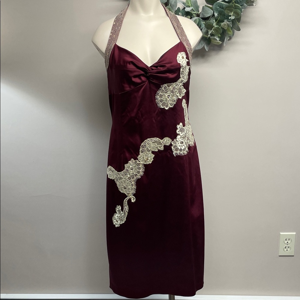 Vintage Papell Boutique Evening Dress Burgundy Satin Beaded Sequin Lace 10